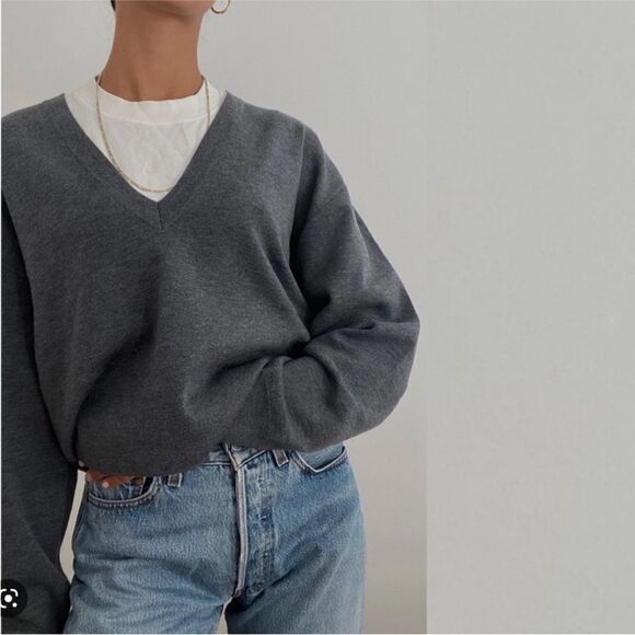 THAKOON GRAY DEEP V-NECK PULLOVER SWEATER - Picture 1 of 6